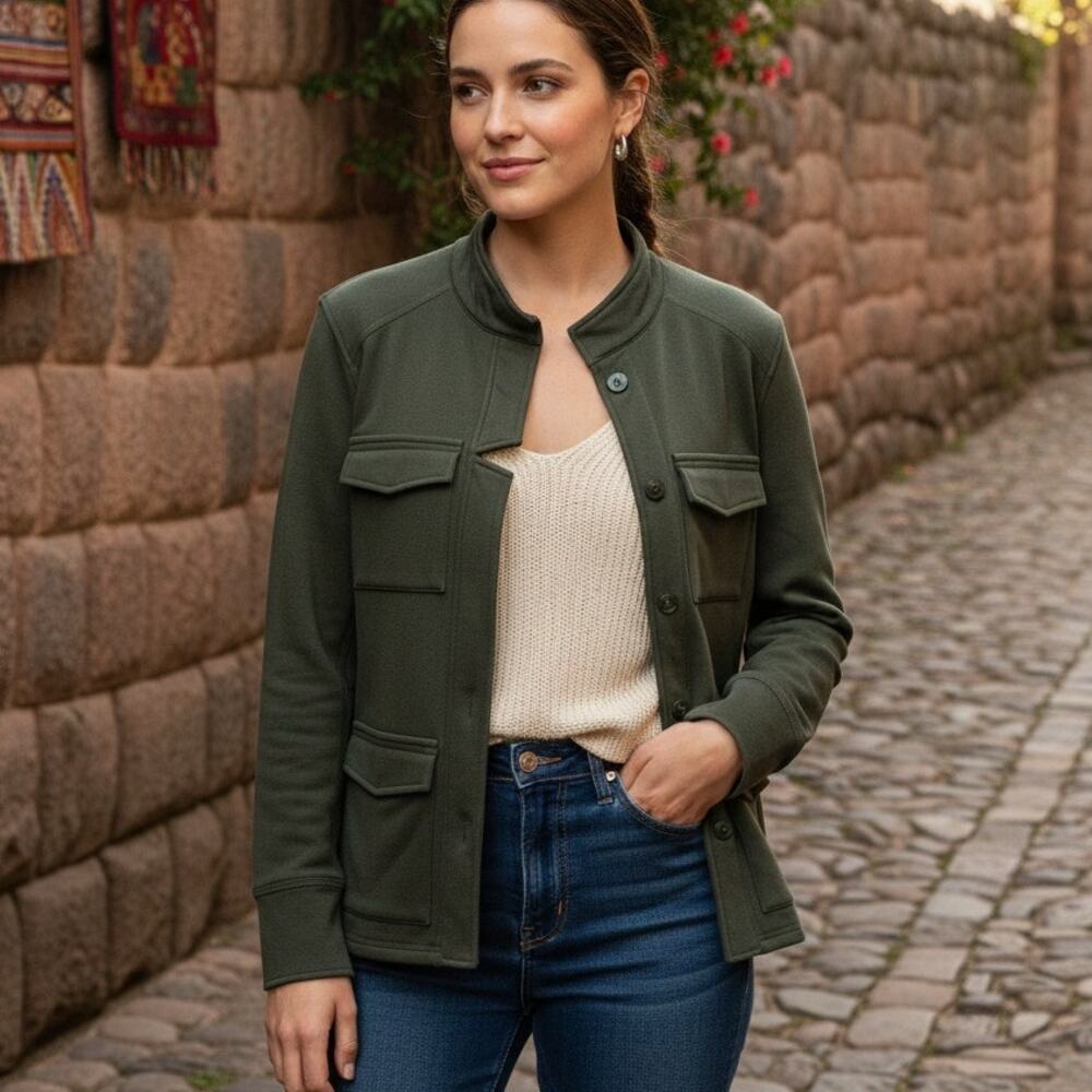 Peruvian Connection Avery Knit Jacket Ultility pockets in Green size Small